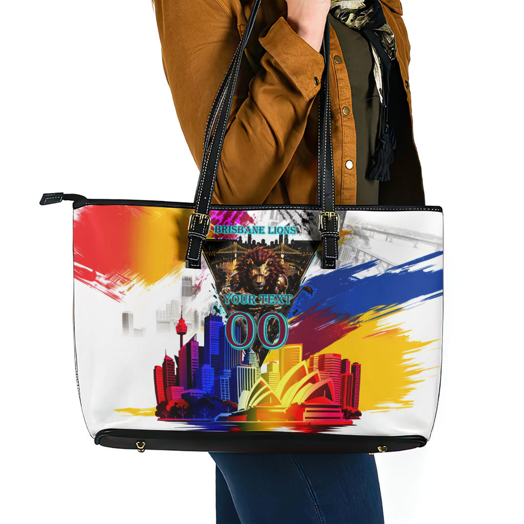 Personalised Brisbane Lions Football Leather Tote Bag Australia City Skyline Graphic Fierce Mascot Art
