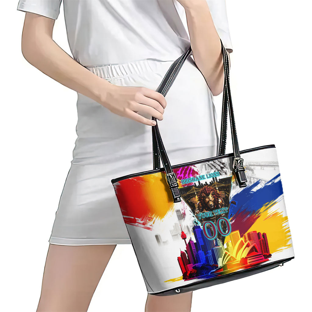 Personalised Brisbane Lions Football Leather Tote Bag Australia City Skyline Graphic Fierce Mascot Art