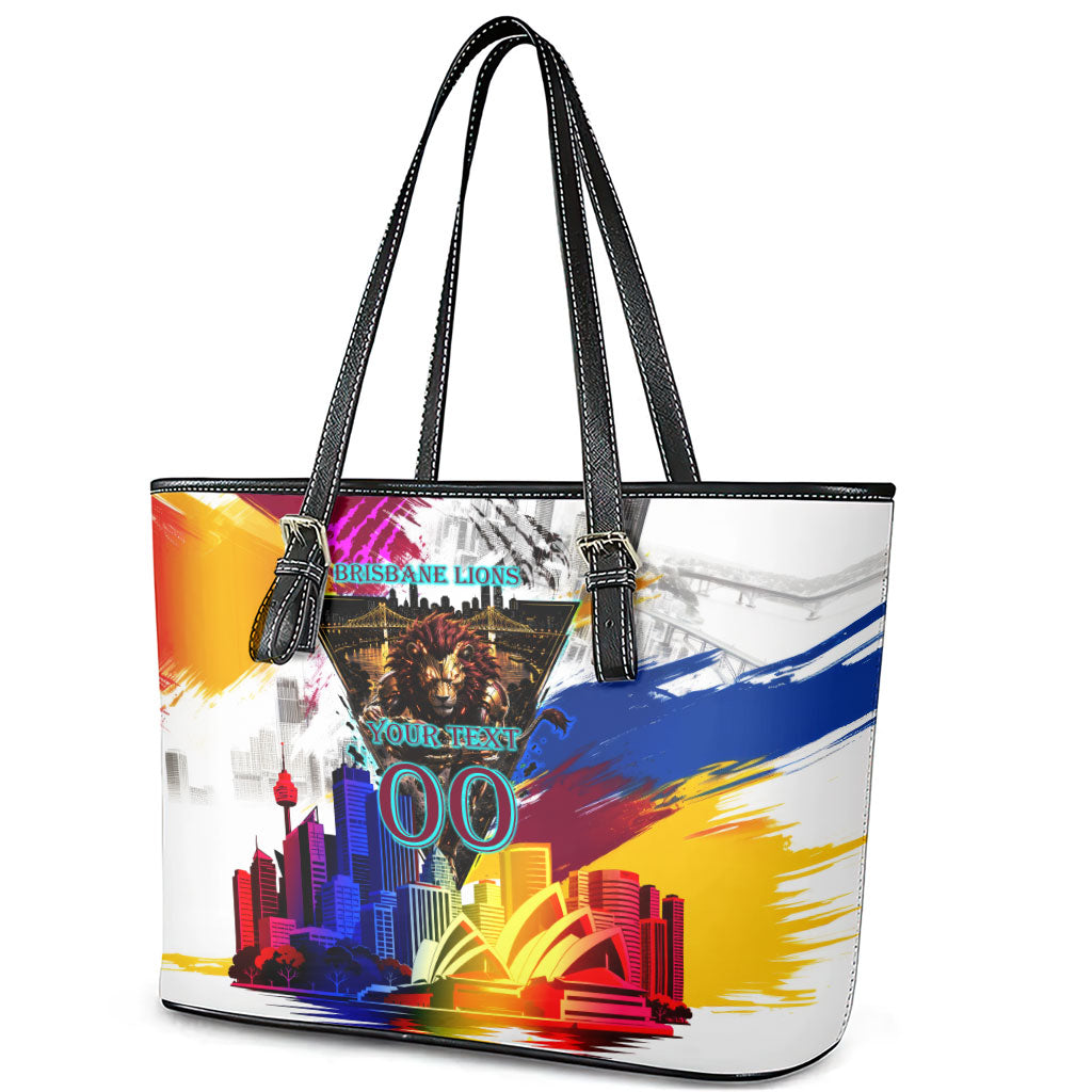 Personalised Brisbane Lions Football Leather Tote Bag Australia City Skyline Graphic Fierce Mascot Art