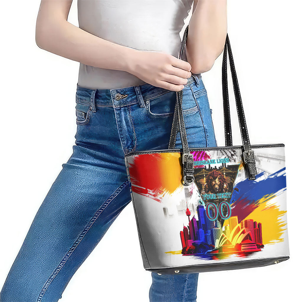 Personalised Brisbane Lions Football Leather Tote Bag Australia City Skyline Graphic Fierce Mascot Art
