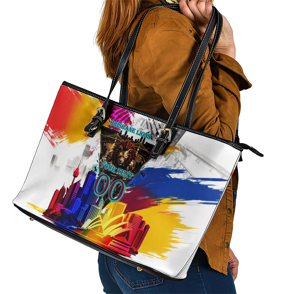 Personalised Brisbane Lions Football Leather Tote Bag Australia City Skyline Graphic Fierce Mascot Art