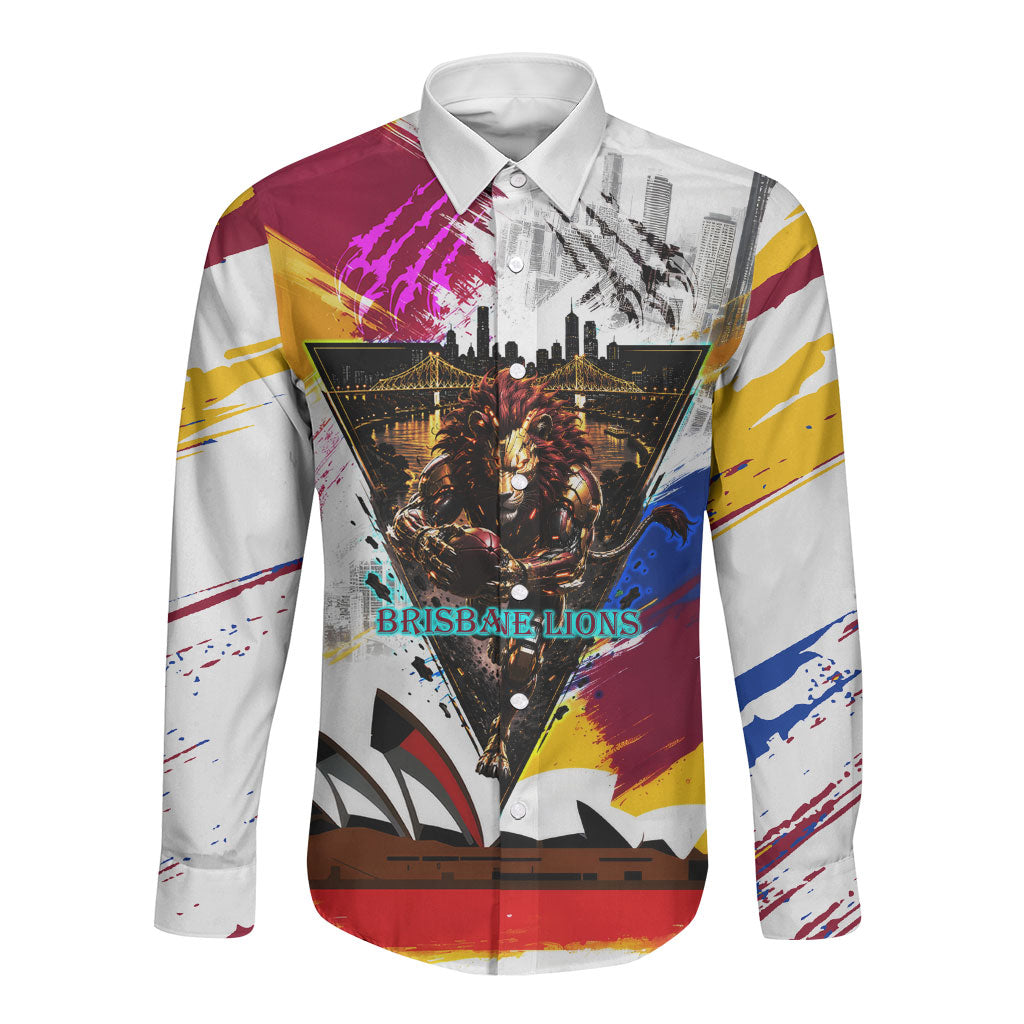 Personalised Brisbane Lions Football Long Sleeve Button Shirt Australia City Skyline Graphic Fierce Mascot Art