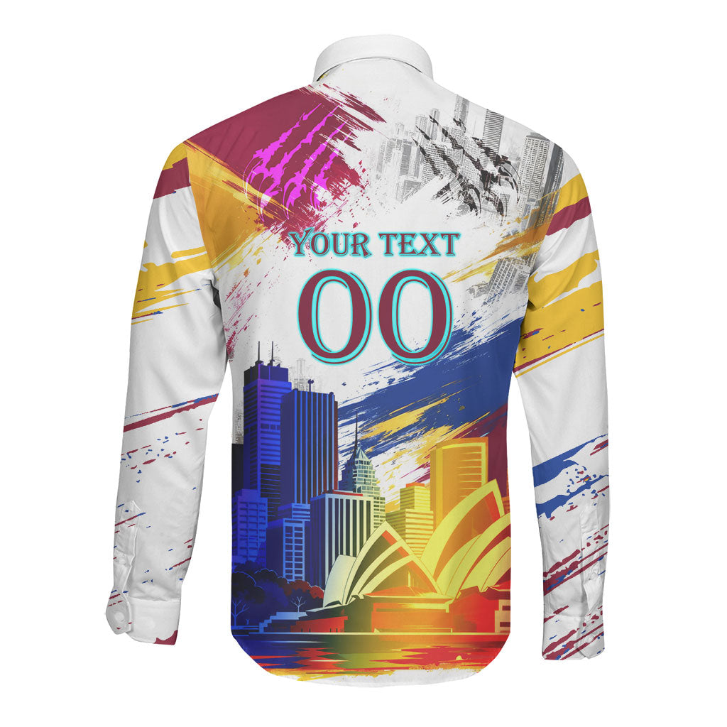Personalised Brisbane Lions Football Long Sleeve Button Shirt Australia City Skyline Graphic Fierce Mascot Art