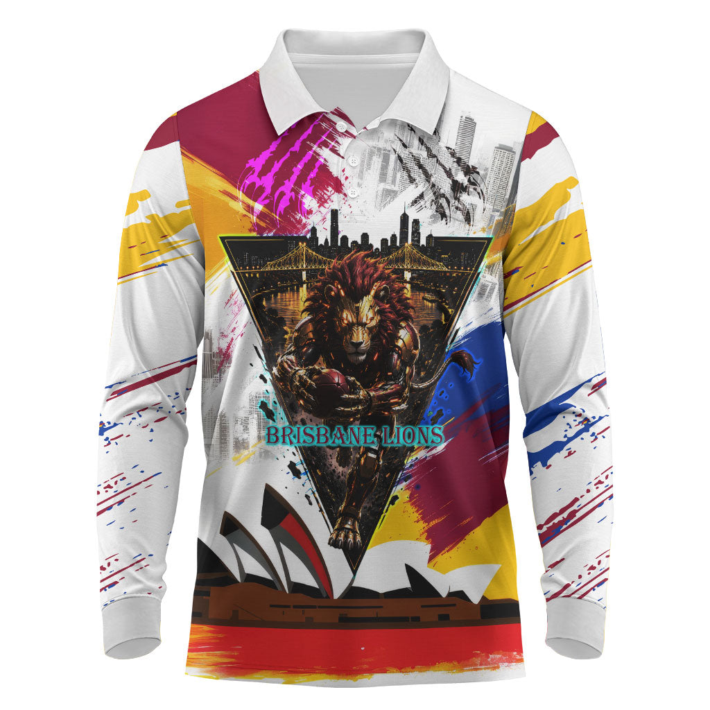 Personalised Brisbane Lions Football Long Sleeve Polo Shirt Australia City Skyline Graphic Fierce Mascot Art