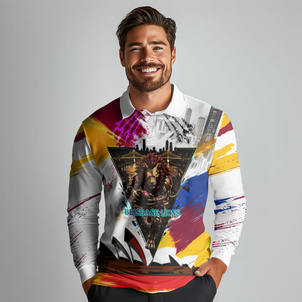 Personalised Brisbane Lions Football Long Sleeve Polo Shirt Australia City Skyline Graphic Fierce Mascot Art