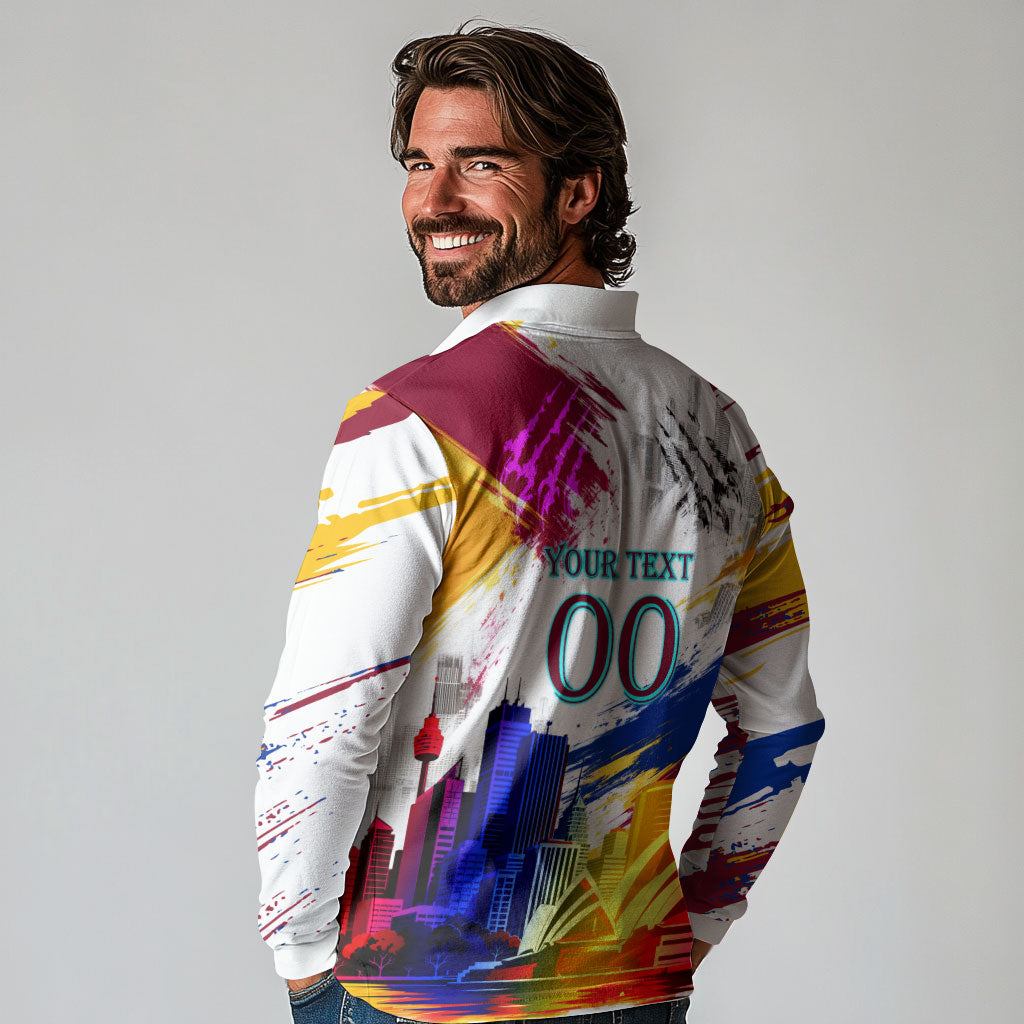 Personalised Brisbane Lions Football Long Sleeve Polo Shirt Australia City Skyline Graphic Fierce Mascot Art