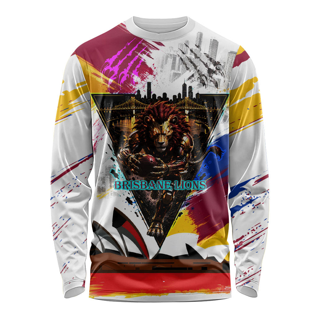 Personalised Brisbane Lions Football Long Sleeve Shirt Australia City Skyline Graphic Fierce Mascot Art