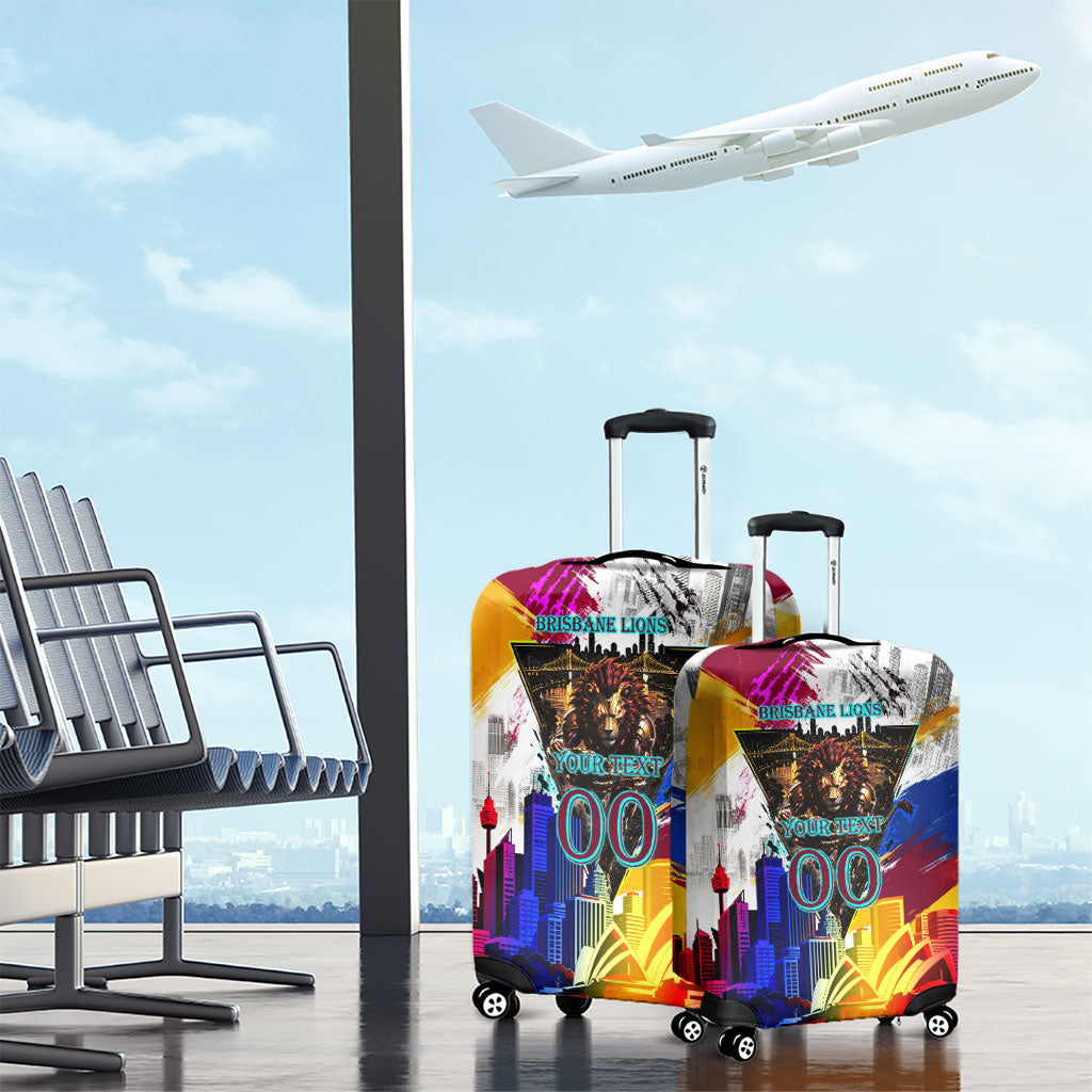 Personalised Brisbane Lions Football Luggage Cover Australia City Skyline Graphic Fierce Mascot Art