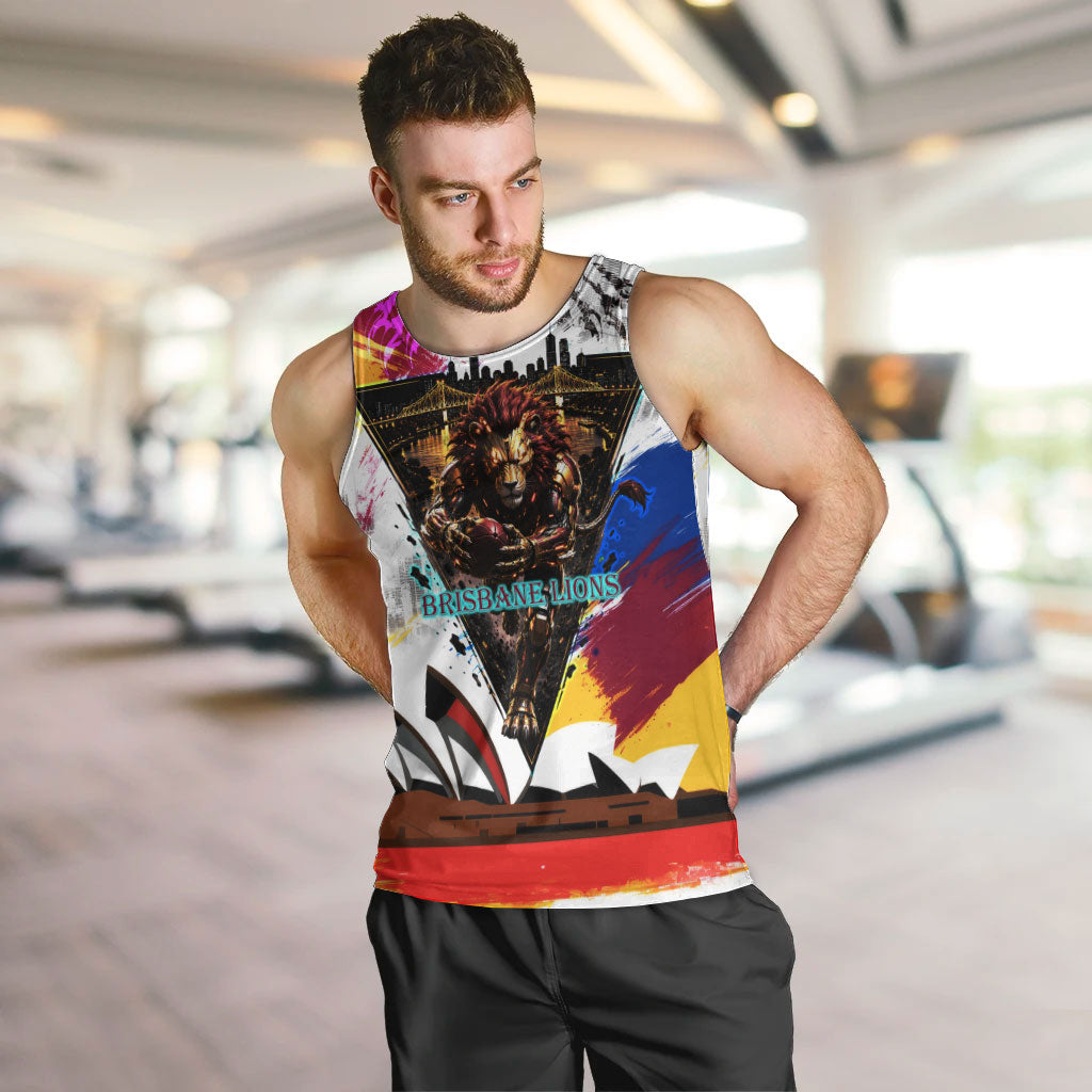 Personalised Brisbane Lions Football Men Tank Top Australia City Skyline Graphic Fierce Mascot Art
