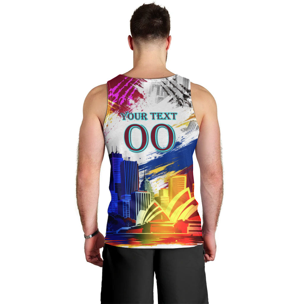 Personalised Brisbane Lions Football Men Tank Top Australia City Skyline Graphic Fierce Mascot Art