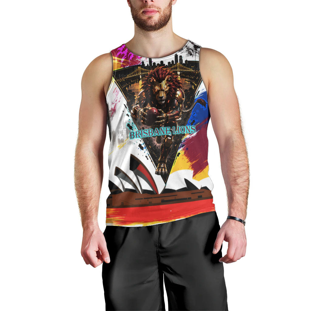 Personalised Brisbane Lions Football Men Tank Top Australia City Skyline Graphic Fierce Mascot Art