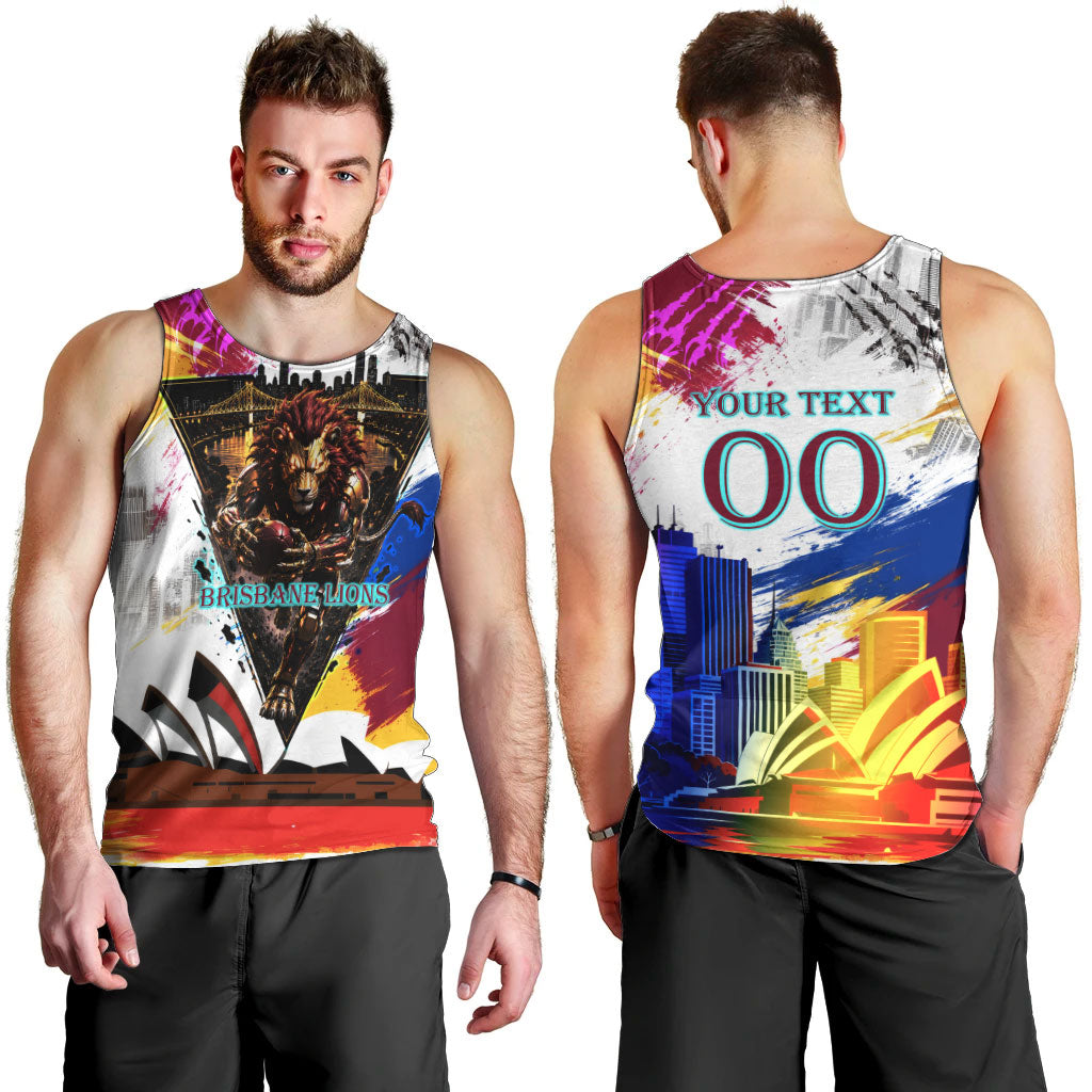 Personalised Brisbane Lions Football Men Tank Top Australia City Skyline Graphic Fierce Mascot Art