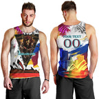 Personalised Brisbane Lions Football Men Tank Top Australia City Skyline Graphic Fierce Mascot Art