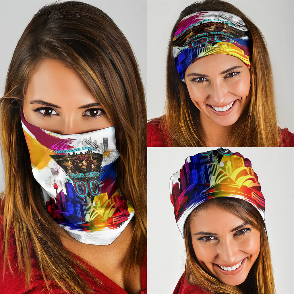 Personalised Brisbane Lions Football Neck Gaiter Australia City Skyline Graphic Fierce Mascot Art