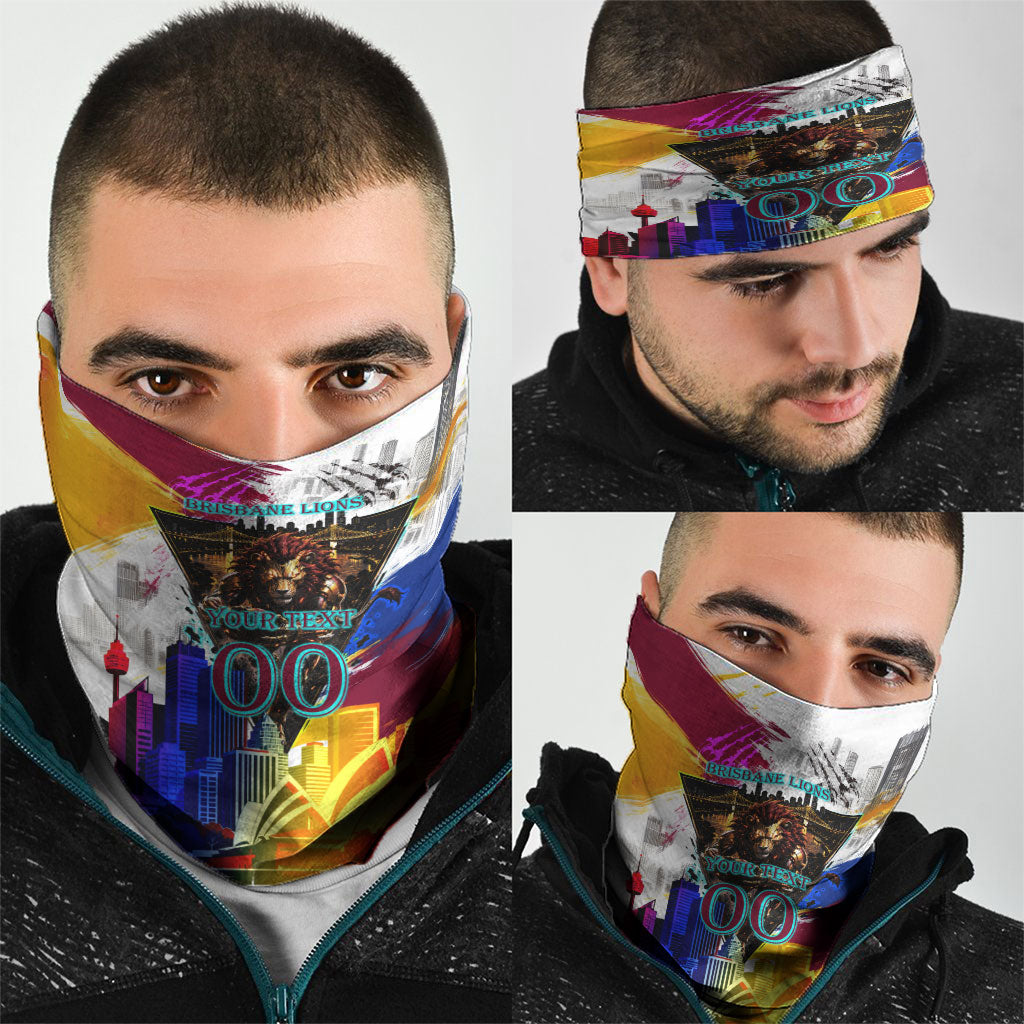 Personalised Brisbane Lions Football Neck Gaiter Australia City Skyline Graphic Fierce Mascot Art