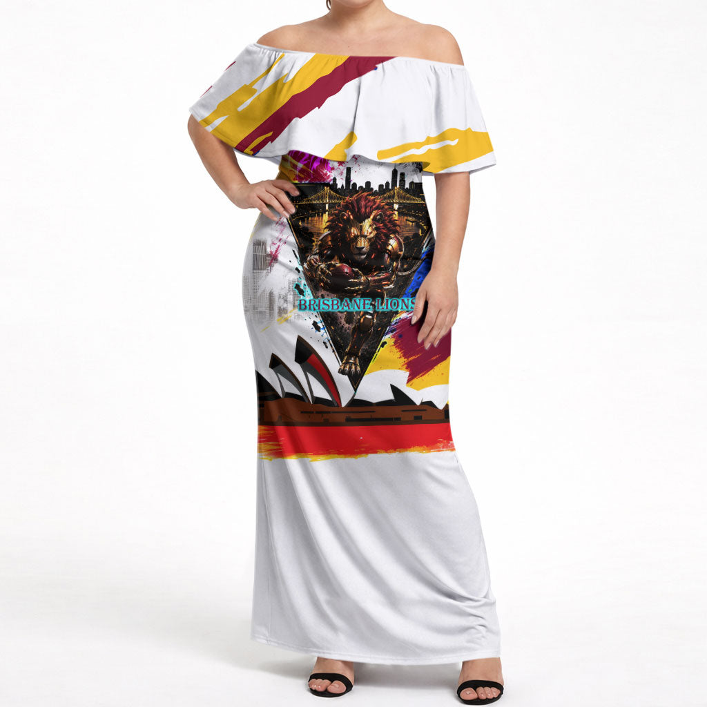 Personalised Brisbane Lions Football Off Shoulder Maxi Dress Australia City Skyline Graphic Fierce Mascot Art