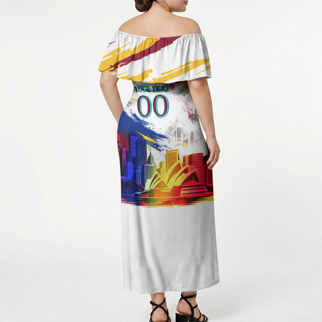 Personalised Brisbane Lions Football Off Shoulder Maxi Dress Australia City Skyline Graphic Fierce Mascot Art