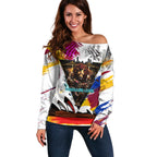 Personalised Brisbane Lions Football Off Shoulder Sweater Australia City Skyline Graphic Fierce Mascot Art