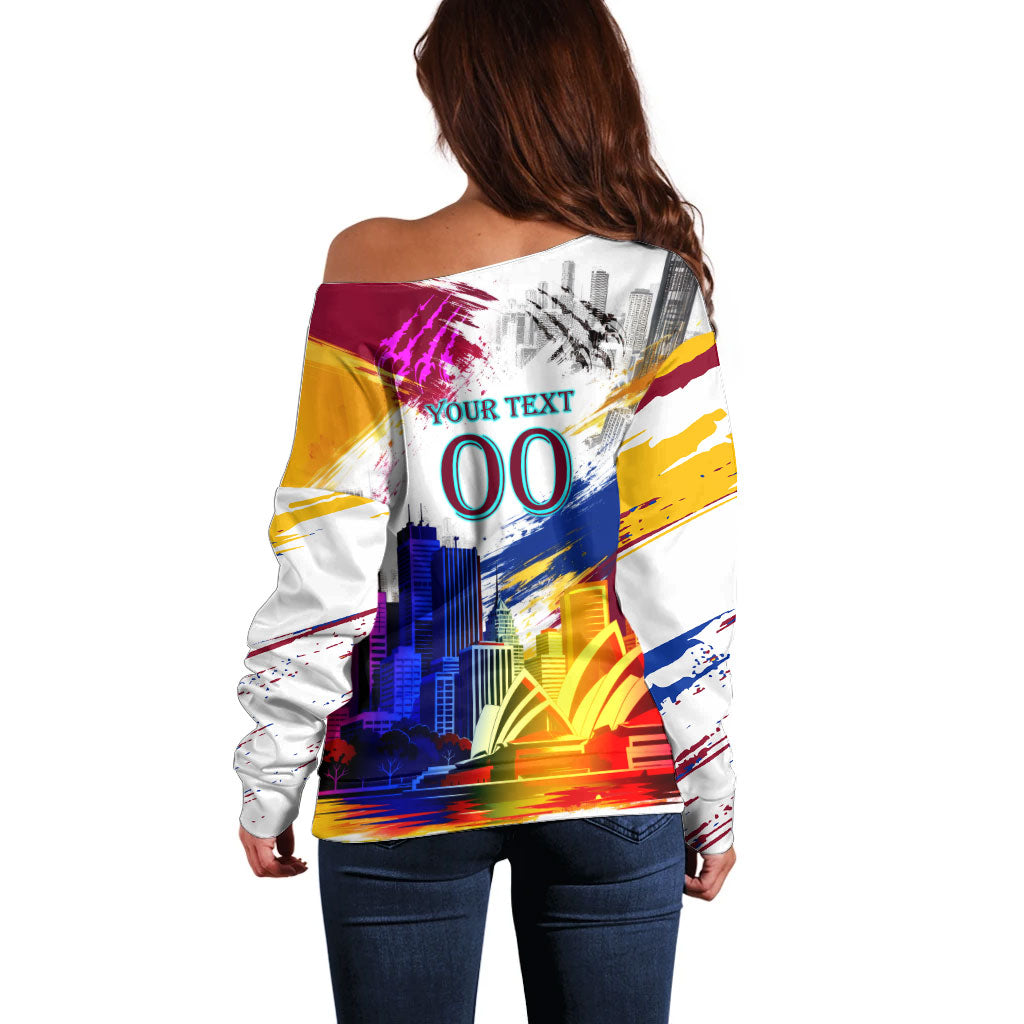 Personalised Brisbane Lions Football Off Shoulder Sweater Australia City Skyline Graphic Fierce Mascot Art