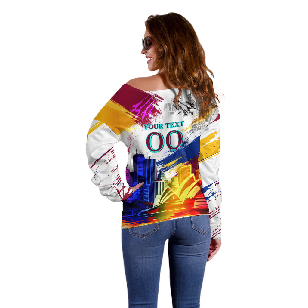 Personalised Brisbane Lions Football Off Shoulder Sweater Australia City Skyline Graphic Fierce Mascot Art
