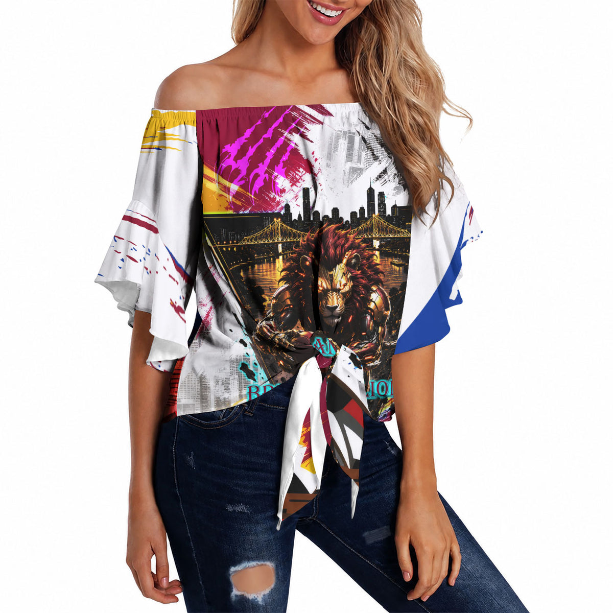 Personalised Brisbane Lions Football Off Shoulder Wrap Waist Top Australia City Skyline Graphic Fierce Mascot Art