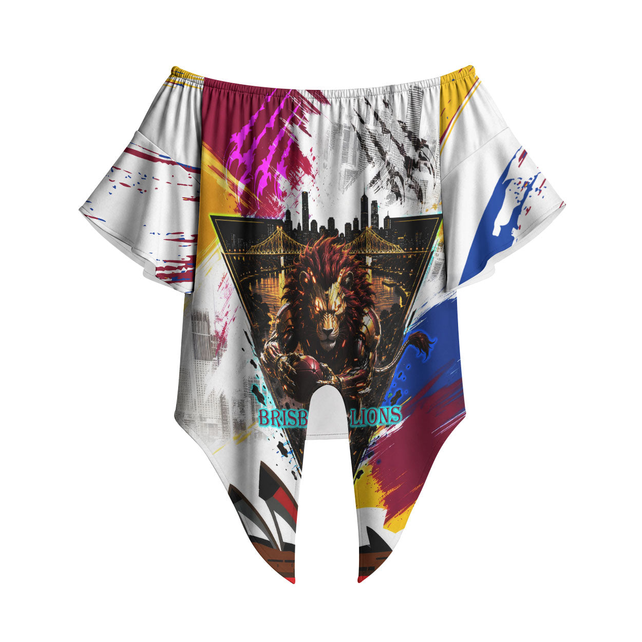 Personalised Brisbane Lions Football Off Shoulder Wrap Waist Top Australia City Skyline Graphic Fierce Mascot Art