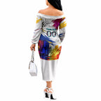 Personalised Brisbane Lions Football Off The Shoulder Long Sleeve Dress Australia City Skyline Graphic Fierce Mascot Art