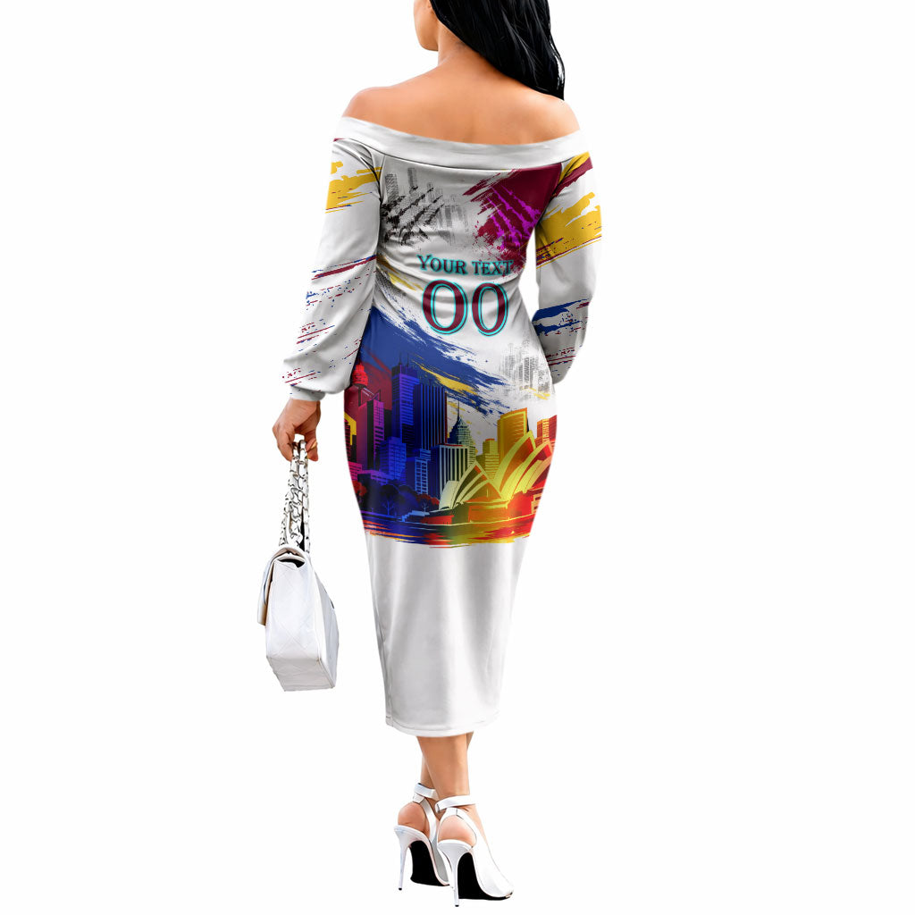 Personalised Brisbane Lions Football Off The Shoulder Long Sleeve Dress Australia City Skyline Graphic Fierce Mascot Art