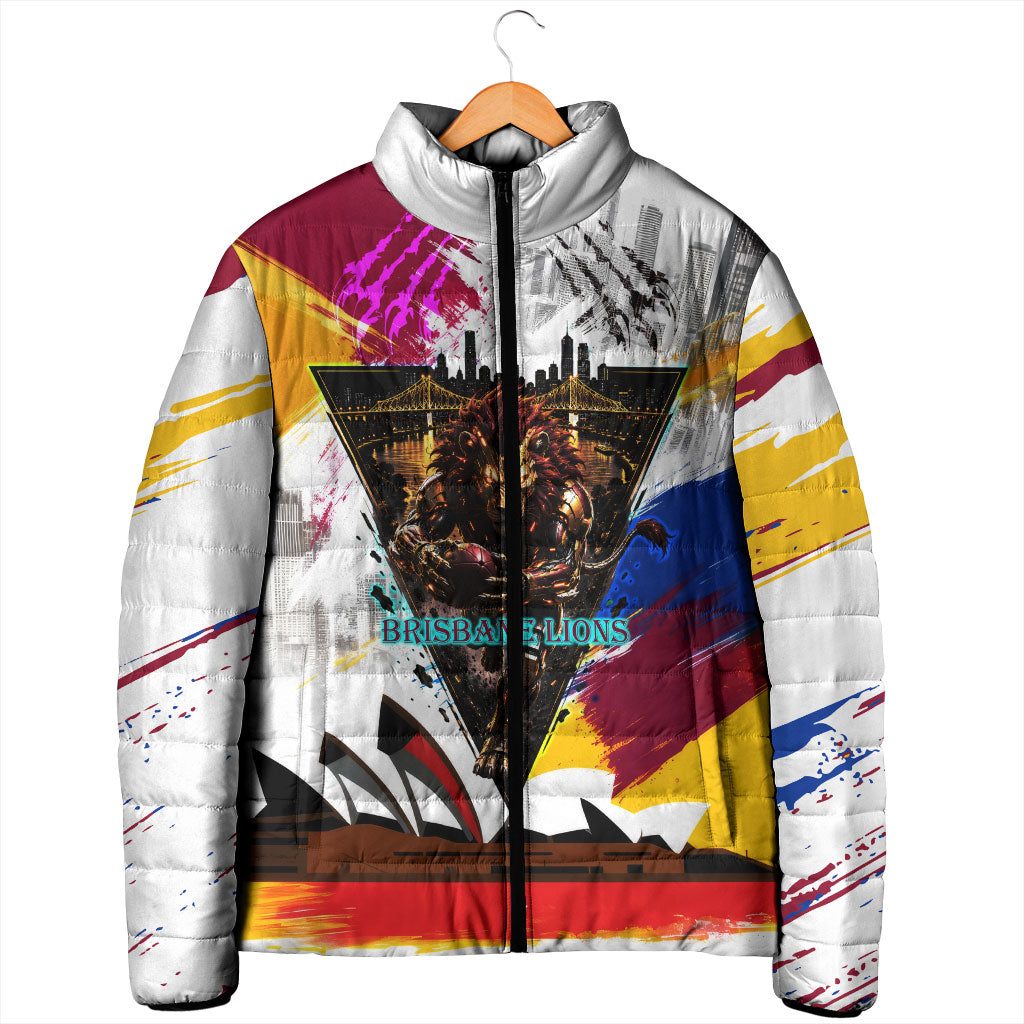 Personalised Brisbane Lions Football Padded Jacket Australia City Skyline Graphic Fierce Mascot Art