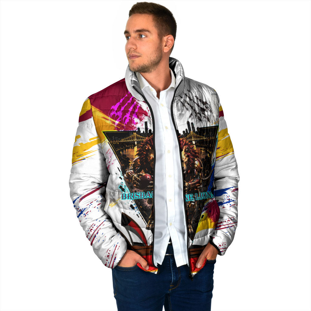 Personalised Brisbane Lions Football Padded Jacket Australia City Skyline Graphic Fierce Mascot Art