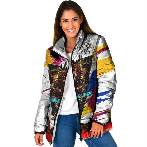 Personalised Brisbane Lions Football Padded Jacket Australia City Skyline Graphic Fierce Mascot Art