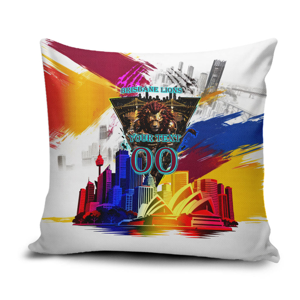 Personalised Brisbane Lions Football Pillow Cover Australia City Skyline Graphic Fierce Mascot Art