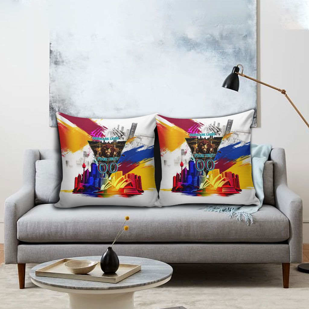 Personalised Brisbane Lions Football Pillow Cover Australia City Skyline Graphic Fierce Mascot Art
