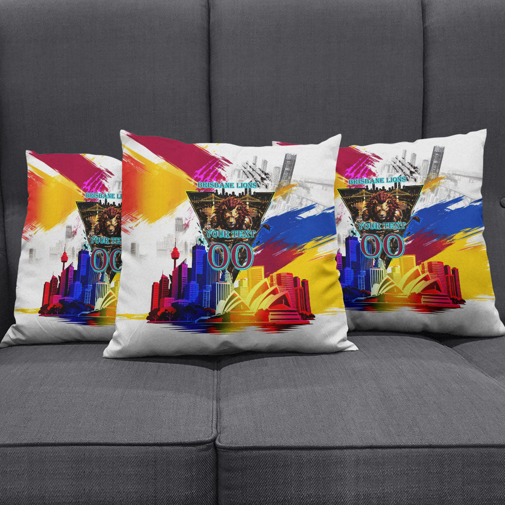 Personalised Brisbane Lions Football Pillow Cover Australia City Skyline Graphic Fierce Mascot Art
