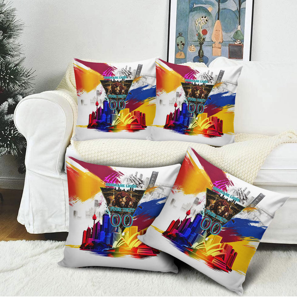 Personalised Brisbane Lions Football Pillow Cover Australia City Skyline Graphic Fierce Mascot Art