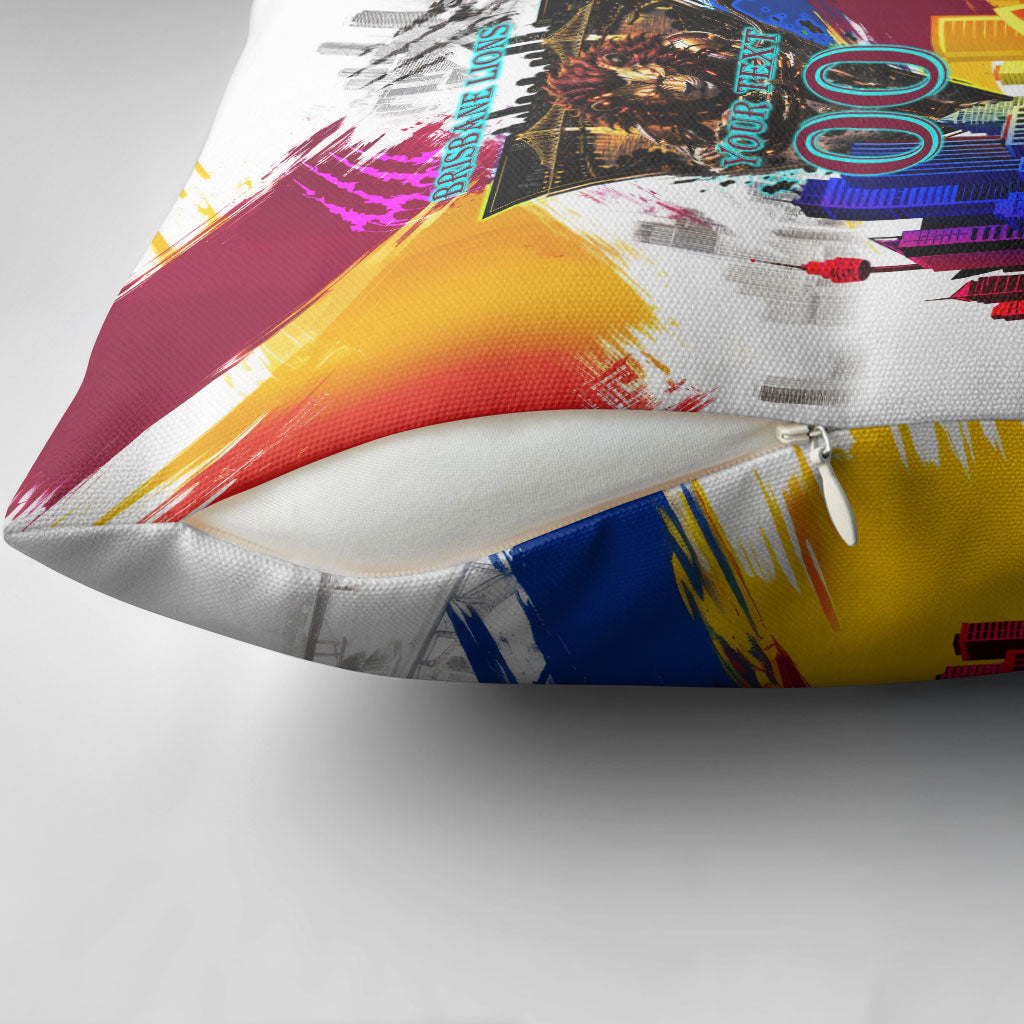 Personalised Brisbane Lions Football Pillow Cover Australia City Skyline Graphic Fierce Mascot Art