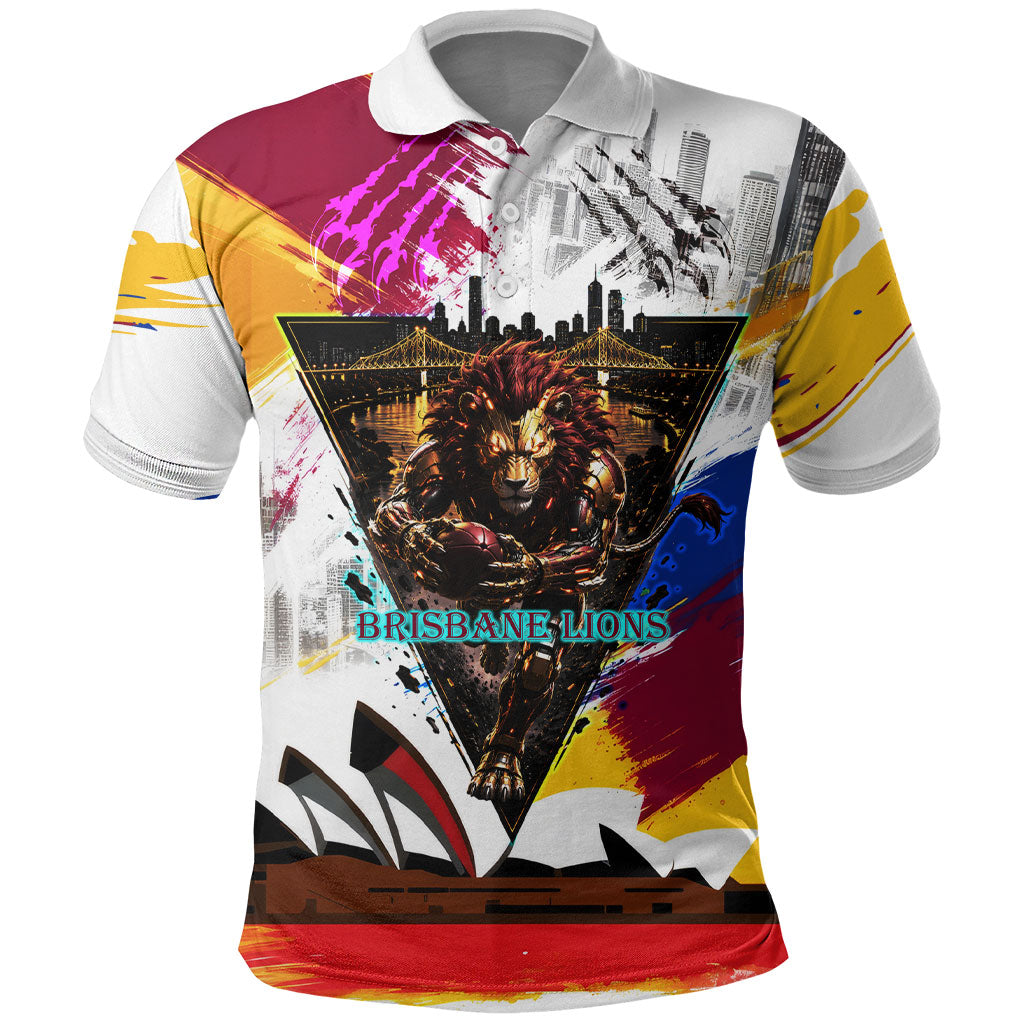 Personalised Brisbane Lions Football Polo Shirt Australia City Skyline Graphic Fierce Mascot Art