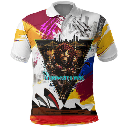 Personalised Brisbane Lions Football Polo Shirt Australia City Skyline Graphic Fierce Mascot Art