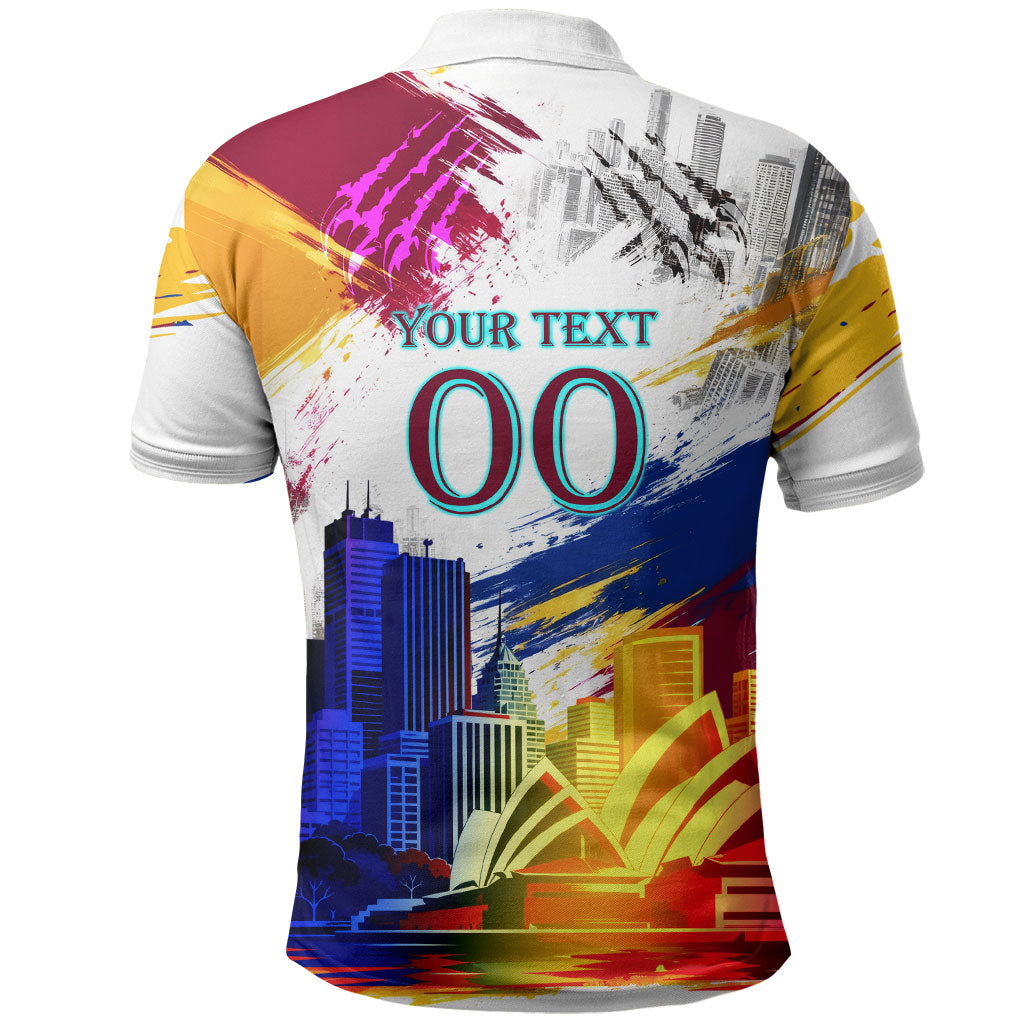 Personalised Brisbane Lions Football Polo Shirt Australia City Skyline Graphic Fierce Mascot Art