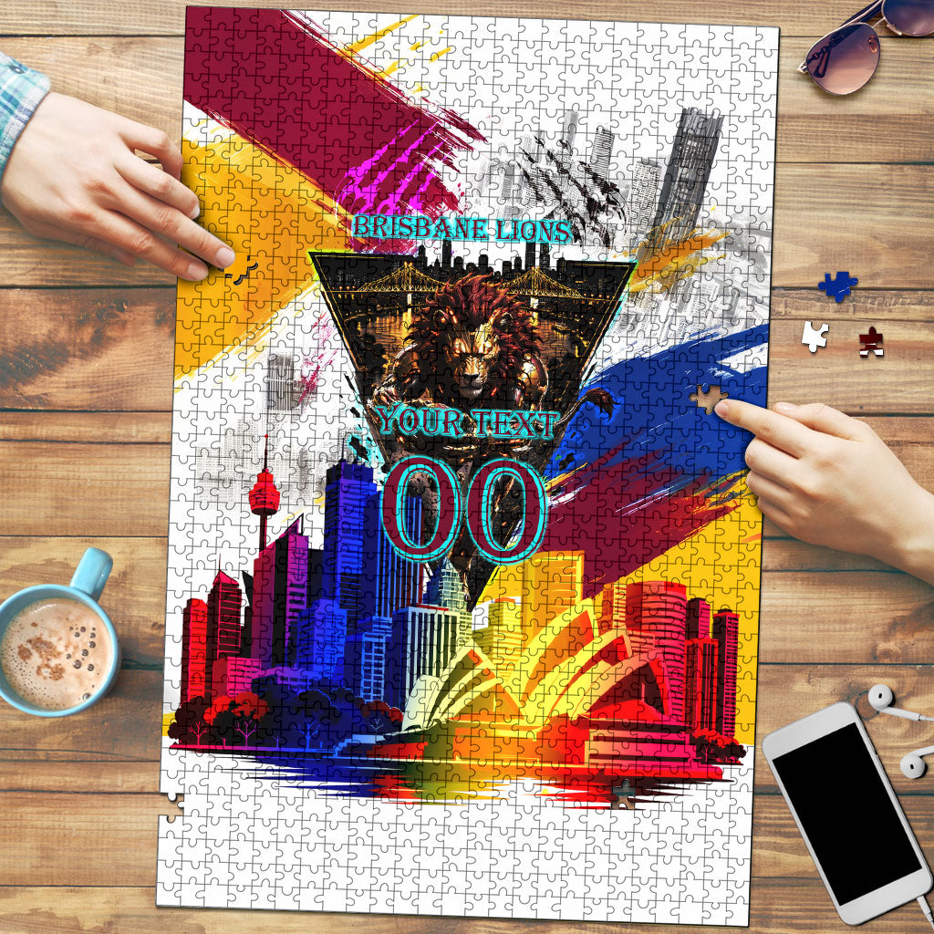 Personalised Brisbane Lions Football Puzzle Australia City Skyline Graphic Fierce Mascot Art