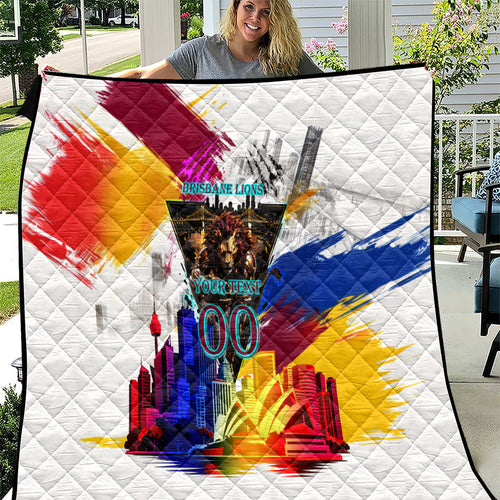 Personalised Brisbane Lions Football Quilt Australia City Skyline Graphic Fierce Mascot Art