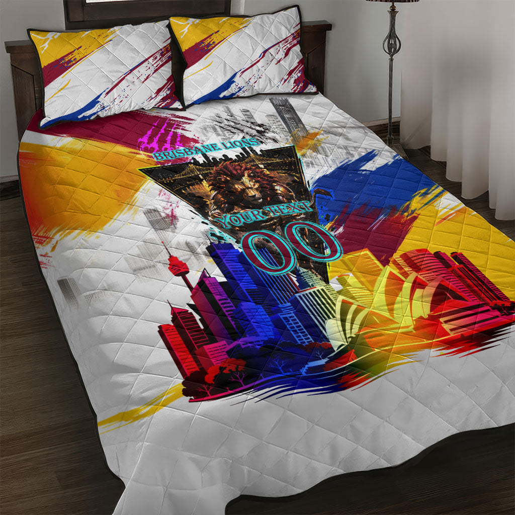 Personalised Brisbane Lions Football Quilt Bed Set Australia City Skyline Graphic Fierce Mascot Art