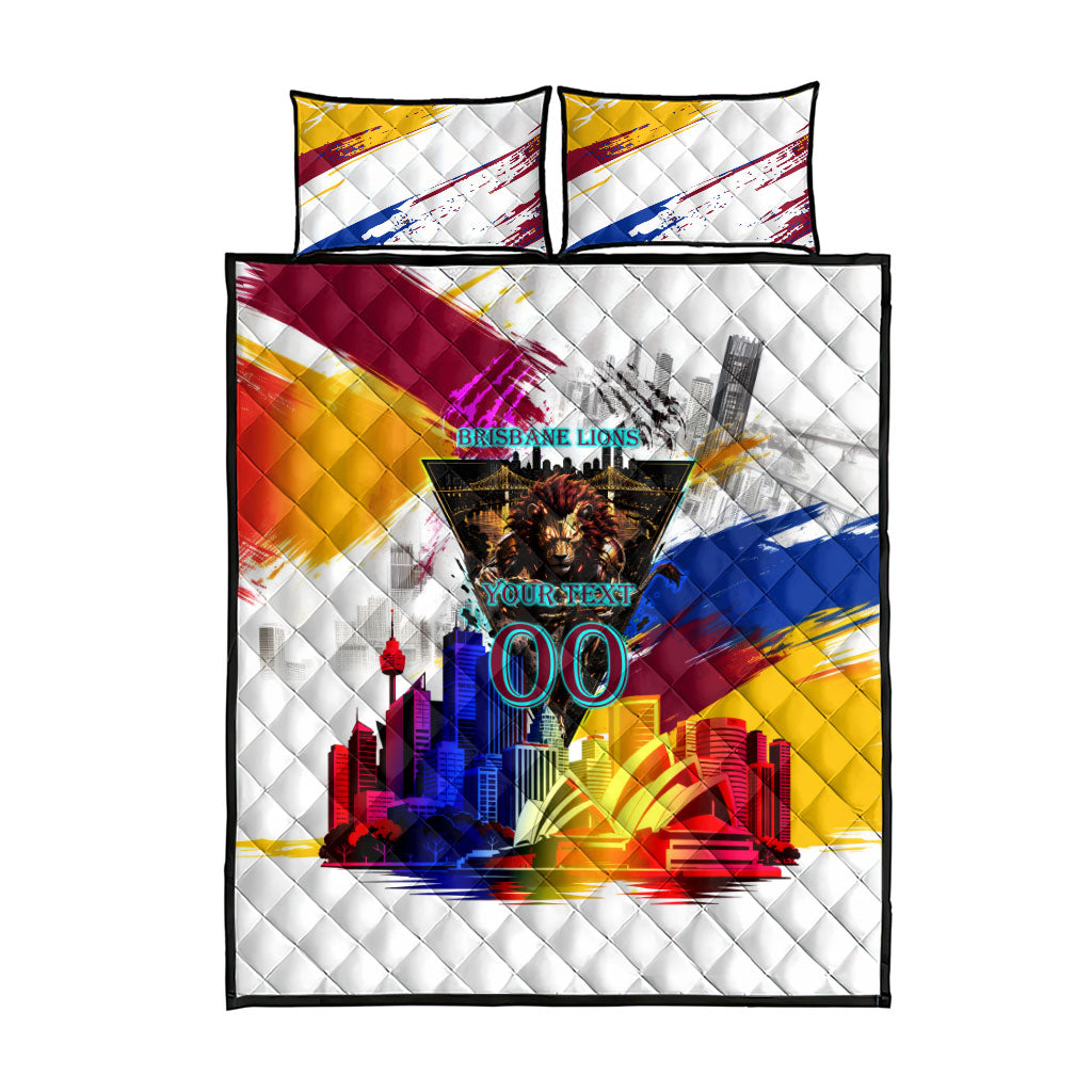 Personalised Brisbane Lions Football Quilt Bed Set Australia City Skyline Graphic Fierce Mascot Art