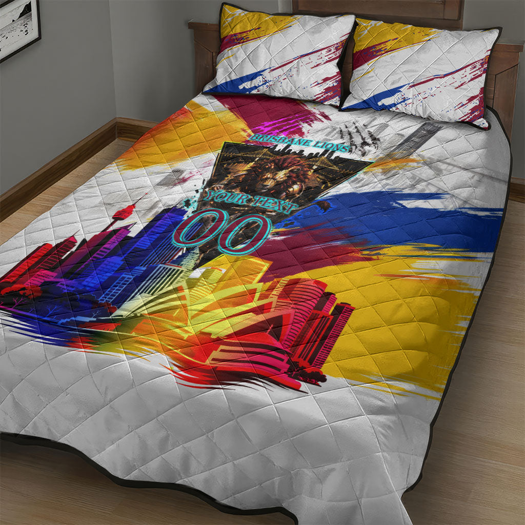 Personalised Brisbane Lions Football Quilt Bed Set Australia City Skyline Graphic Fierce Mascot Art