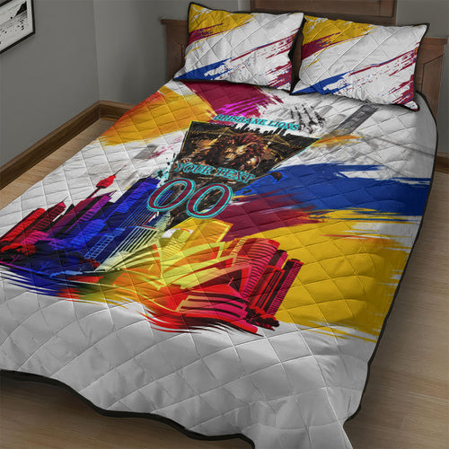 Personalised Brisbane Lions Football Quilt Bed Set Australia City Skyline Graphic Fierce Mascot Art