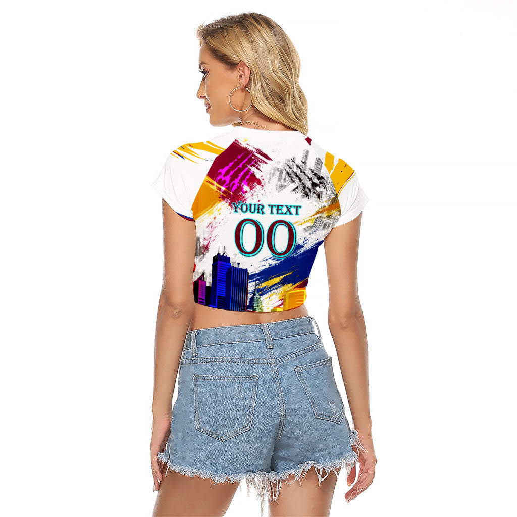 Personalised Brisbane Lions Football Raglan Cropped T Shirt Australia City Skyline Graphic Fierce Mascot Art