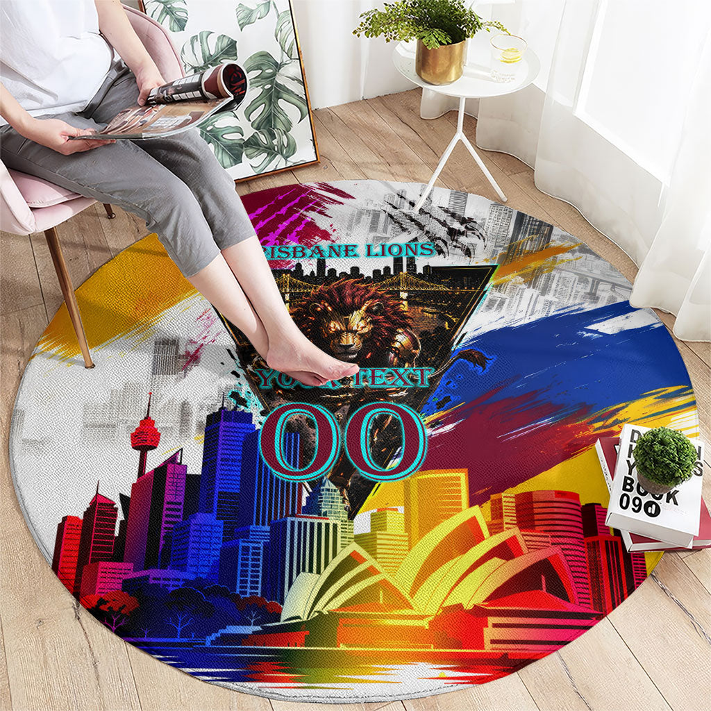 Personalised Brisbane Lions Football Round Carpet Australia City Skyline Graphic Fierce Mascot Art