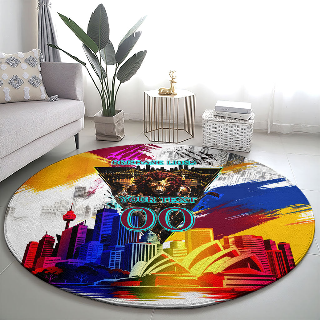 Personalised Brisbane Lions Football Round Carpet Australia City Skyline Graphic Fierce Mascot Art