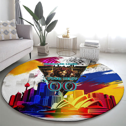 Personalised Brisbane Lions Football Round Carpet Australia City Skyline Graphic Fierce Mascot Art