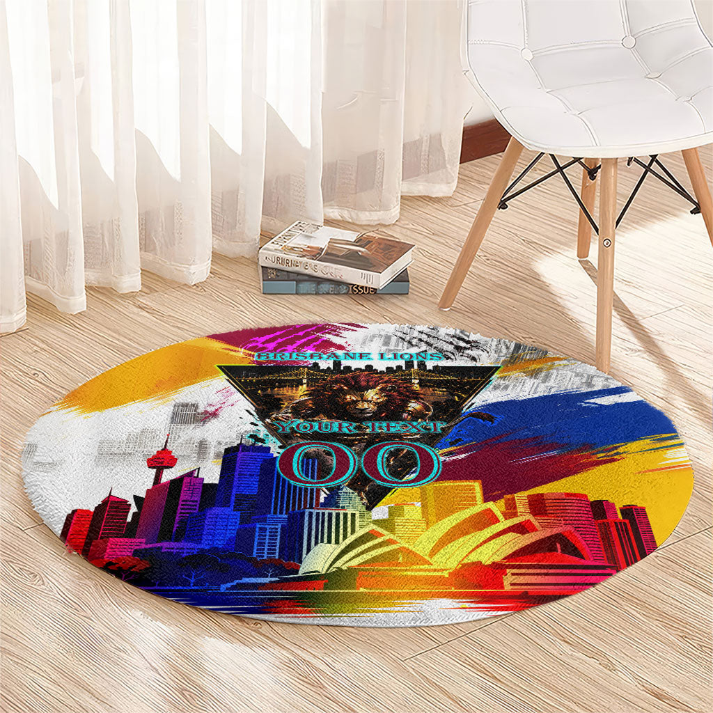 Personalised Brisbane Lions Football Round Carpet Australia City Skyline Graphic Fierce Mascot Art